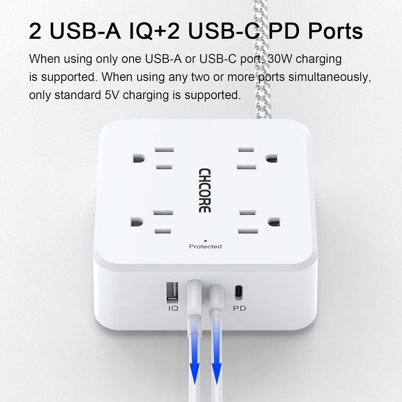 Core 5Ft Flat Plug Braided Extension Cord - Surge Protector Power Strip with 8 Outlets and 2 USB-C (PD 30W) Fast Charging Ports and 2 USB-A Ports for Home, Office, Dorm Room Essentials, ETL, White - Image 4